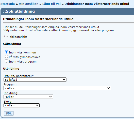 Skärmdump från alternativet sök utbildning Inom viss kommun första steg